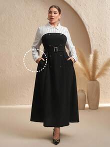 Chikora Đầm công sở tay dài tối giản, dáng rộng, có túi ở eo - Đen và trắng - Xem 4