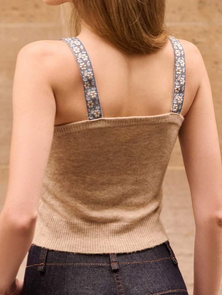 Top de punto corto con tirantes con estampado floral, estilo francés y parisino para mujer, ideal para salir en primavera, verano y otoño