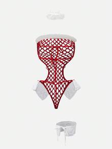 女式拼布人造毛皮、网眼、蕾丝边露背系带性感内衣 - 紅白色 - 查看 5