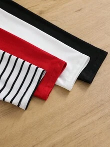 SHEIN 男童休闲条纹骑士图案长袖T恤 - 紅色 - 查看 4