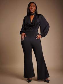 SHEIN SXY 大码时尚性感纯色低胸连体裤 - 黑色 - 查看 6