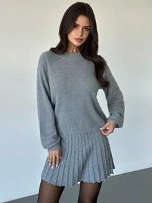 Firerie 女士灰色高领长袖上衣和喇叭迷你裙毛衣套装，温柔优雅年轻毛衣套装，春秋冬装，通勤，优雅，休闲日常，工作装 - 灰色 - 查看 6