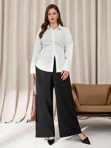 Auralis Kemeja Lengan Panjang Putih Ukuran Plus Elegan Berbahan Sutra dengan Detail Kerut dan Kancing Depan untuk Wanita Kantoran, Blus Kerja Musim Gugur, Blus Wanita Dasar Serbaguna untuk Konser dan Kencan - Putih - View 6