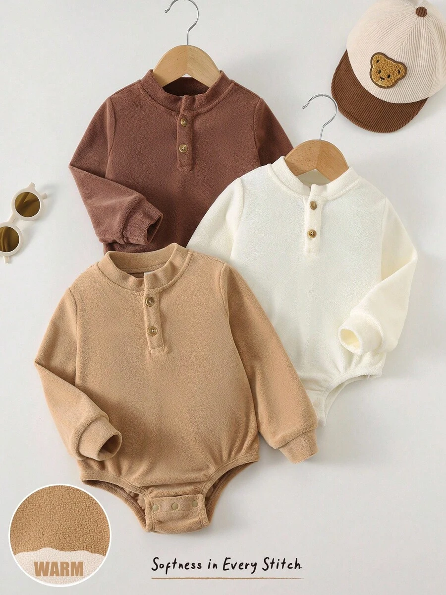 Cozy Pixies Bộ 3 áo liền quần cổ tròn tay dài dệt kim mềm mại màu trơn cho bé trai, lót lông giữ nhiệt, thích hợp cho mùa đông - Màu be - Xem 1