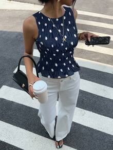 Siren Gaze 波尔卡圆点印花圆领束腰休闲背心，夏季 - 藏蓝色 - 查看 3