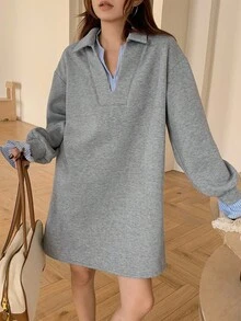 DAZY Women's Striped Patchwork Drop Shoulder Long Sleeve Loose Casual Dress - Dark Grey - View 1