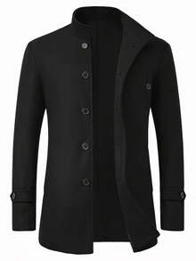 Manfinity Homme Men's Long Sleeve Minimalist Solid Color Stand Collar Single-Breasted Overcoat, Autumn/Winter , Black - Black - View 3