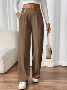 SHEIN Frenchy Women's Double-Button Straight Leg Elegant Office Pants Winter Brown Casual Spring - Brown - View 4