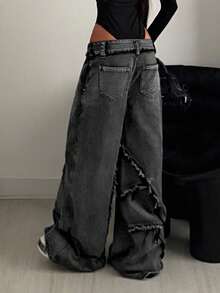 StreetHx Women's Low Waist Frayed Design Wide Leg Loose Casual Jeans - Grey - View 2