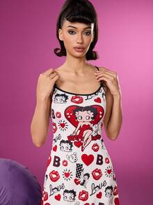 Betty Boop x SHEIN 女式夏季卡通图案装饰吊带背心睡裙 - 紅白色 - 查看 6