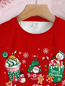 SHEIN 青少年女孩休闲简约圣诞可爱卡通圣诞老人、姜饼人、雪人、圣诞树、铃铛、拐杖糖、雪花图案短袖圆领 T 恤和舒适紧身裤睡衣套装 - 彩色 - 查看 4