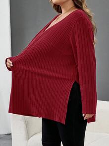 SHEIN CURVE+ 加大码 V 领罗纹下摆开衩蓝色 T 恤，秋冬女装，冬季，CURVE PLUS/秋冬 - 酒紅色 - 查看 5