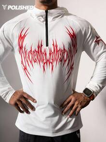 Manfinity Sport PWRUP 男式哥特式印花插肩袖拉链半开襟连帽运动衫 - 白色 - 查看 3
