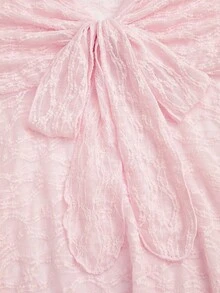 Sweetra Plus Size Elegant Lace Bow Front Long Flare Sleeve Blouse, Versatile Casual & Date Wear T-Shirt - Pink - View 3