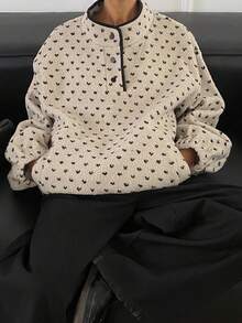 Livesso Women's Autumn Sherpa Allover Print Button Half Placket Casual Loose Sweatshirt