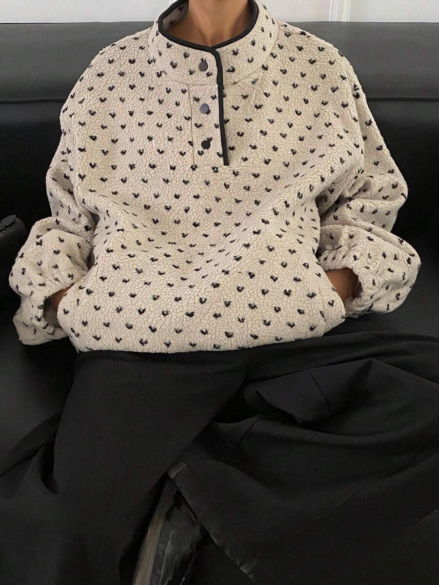 Livesso Women's Autumn Sherpa Allover Print Button Half Placket Casual Loose Sweatshirt