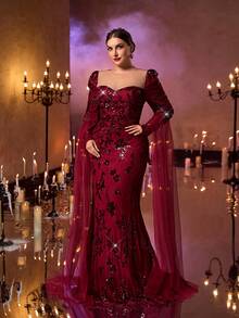 Aureia فستان أنيق رومانسي أحمر اللون بتصميم رقبة قلب شفاف من الشبك والتطريز الفاخر بالخرز وذيل سمكة الحورية، مناسب للزفاف والحفلات والمناسبات المسائية (مزخرف بشكل كبير)