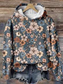 EMERY ROSE Early Autumn Casual Retro Floral Pattern Plus Size Women Sweatshirt, Suitable For Fall/Winter Outings And Matching - Multicolor - View 1