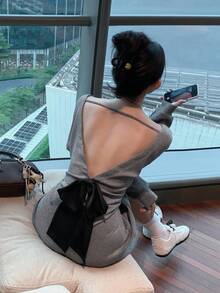 DAZY Đầm dự tiệc tay dài hở lưng màu trơn, ôm eo, trang trí nơ, thanh lịch dành cho nữ, mùa thu/đông - Xám - Xem 8