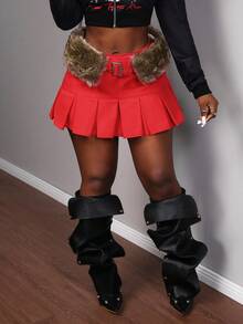 Slaydiva 女式腰部拼布毛茸茸褶皱牛仔迷你裙 - 紅色 - 查看 5