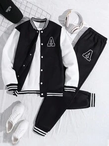青少年（男）休闲学院风 A 字母棒球夹克外套和运动裤套装，秋冬春 - 藏蓝色 - 查看 1