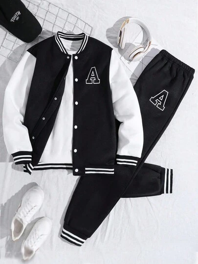 青少年（男）休闲学院风 A 字母棒球夹克外套和运动裤套装，秋冬春