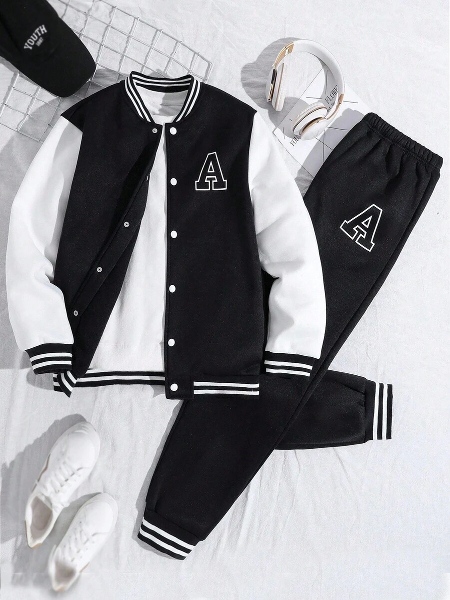 青少年（男）休闲学院风 A 字母棒球夹克外套和运动裤套装，秋冬春 - 藏蓝色 - 查看 1