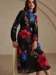 Aveloria Revavyn Elegant Floral Print High Neck Ruched Front Long Sleeve Midi Dress, Autumn/Winter - Multicolor - View 6
