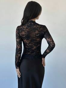 Firerie 1 件女士时尚优雅高弹力蕾丝拼布衬衫，收腰修身纯色长袖上衣 - 黑色 - 查看 9