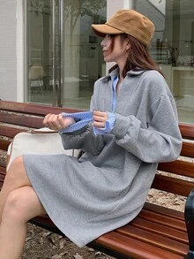 DAZY Women's Striped Patchwork Drop Shoulder Long Sleeve Loose Casual Dress - Dark Grey - View 5