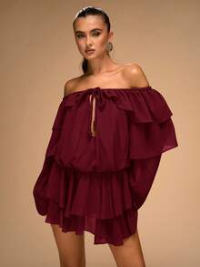 SHEIN BAE Vestido elegante de mujer de unicolor con hombros descubiertos y volantes en el bajo, otoño - Burdeos - Ver 5