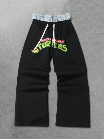 TEENAGE MUTANT NINJA TURTLES X ROMWE Men's Comfortable Fashion Street Turtle & Letter Graphic Drawstring Waist Loose Wide Leg Black Sweatpants