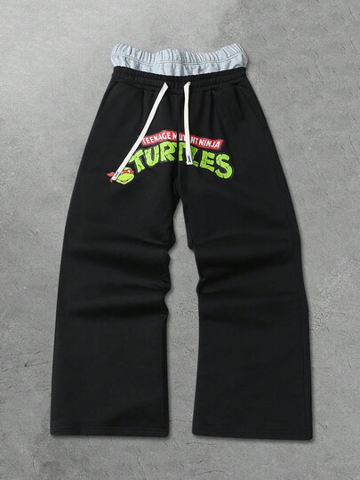 TEENAGE MUTANT NINJA TURTLES X ROMWE Pantaloni della tuta neri larghi e comodi da uomo, con vita con coulisse, stampa grafica con tartaruga e lettera, stile casual e di strada