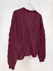 EMERY ROSE Women's Solid Color Hollow V-Neck Casual Knit Cardigan - Burgundy - View 3