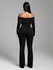 VaVaBold Fashionable Sexy Solid Color Off Shoulder Twist Hollow Jumpsuit - Black - View 2
