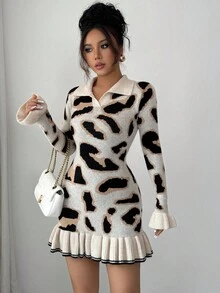 SHEIN PETITE Autumn/Winter Leopard Print Polo Collar Ruffle Hem Fitted Short Women Sweater Dress