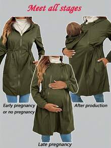 SHEIN 孕妇装三合一纯色连帽拉链长袖夹克 - 軍綠色 - 查看 1
