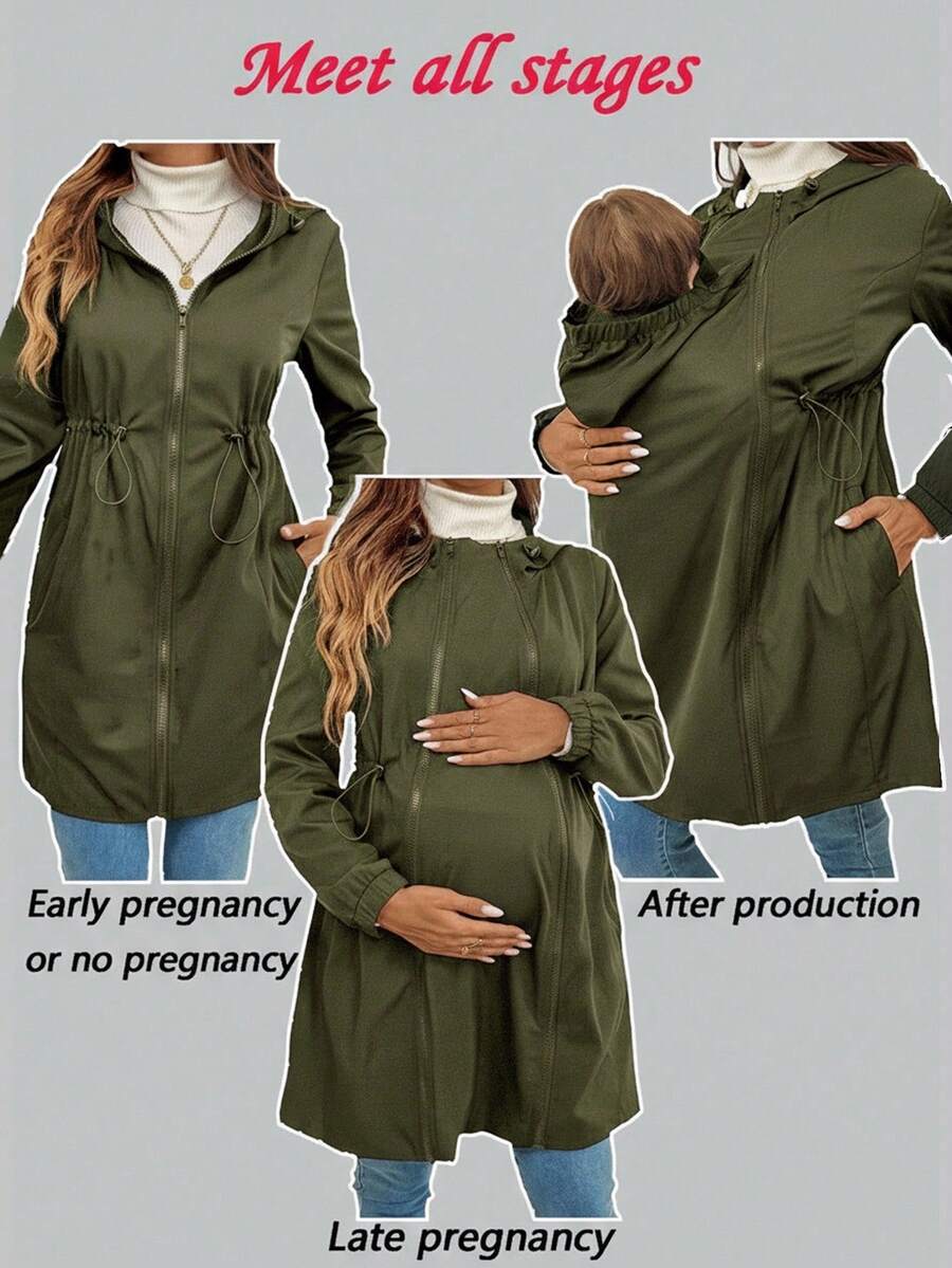 SHEIN 孕妇装三合一纯色连帽拉链长袖夹克 - 軍綠色 - 查看 1
