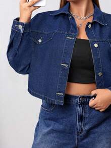 Firerie Plus Size Casual Cropped Denim Jacket, Autumn - Dark Wash - View 6