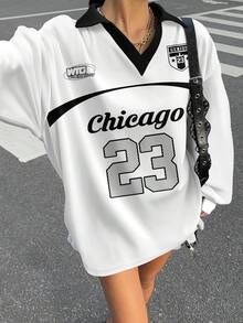 Muchica Chemise décontractée à manches longues et col polo avec couleurs contrastées pour femmes, convient pour l'automne/l'hiver, les événements sportifs, bleu royal, les matchs de balle, le basketball, numéro 23 - Noir et Blanc - Voir 4