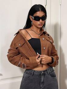 SHEIN Chaqueta vaquera de manga larga con botones delanteros, bajo deshilachado y unicolor desgastado - Marrón - Ver 5