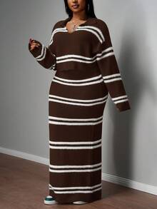 Slaydiva Bộ 2 món áo crop top tay dài cổ chữ V trễ vai ấm áp kèm chân váy chữ A cạp chun co giãn, thời trang thu đông 2025 cho nữ, phong cách đại học/công sở thường ngày/phong cách phương Tây/công sở/thời trang câu lạc bộ đường phố/kỳ nghỉ thành phố/ngày tốt nghiệp/thanh lịch tinh tế/tiệc tùng/ngày quốc khánh - màu nâu - Xem 3