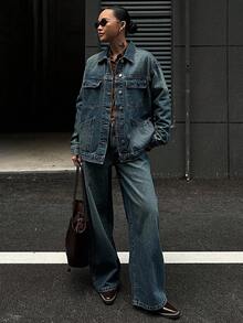 DAZY Women's Denim Jacket With Lapel, Large Pockets & Loose Wide-Leg Jeans Casual Suit