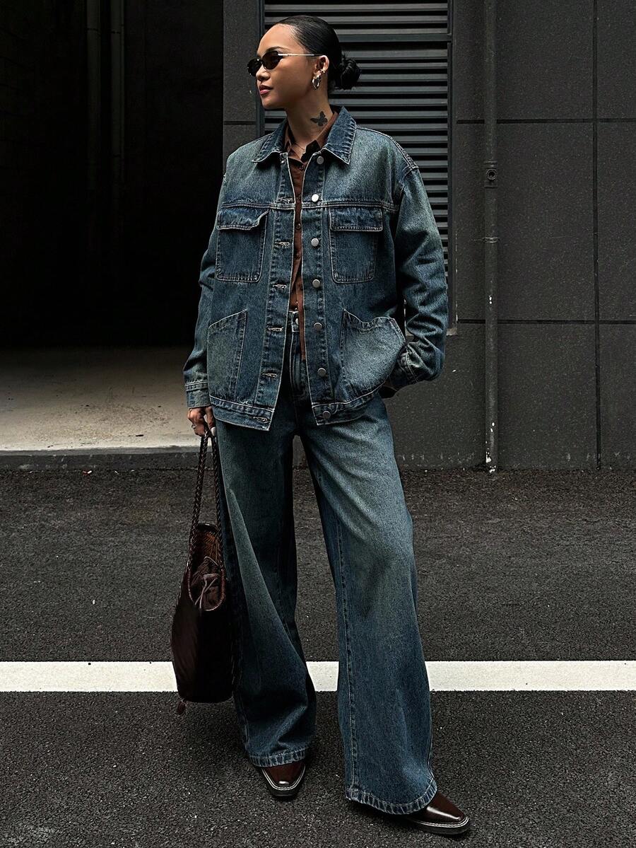 DAZY Women's Denim Jacket With Lapel, Large Pockets & Loose Wide-Leg Jeans Casual Suit