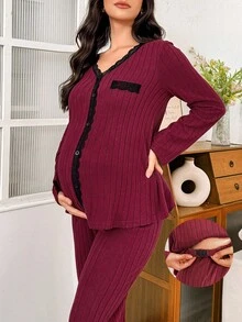 SHEIN 两件套孕妇蕾丝拼接休闲睡衣套装，长袖上衣和裤子，秋季酒红色睡衣套装，女士两件套，冬季