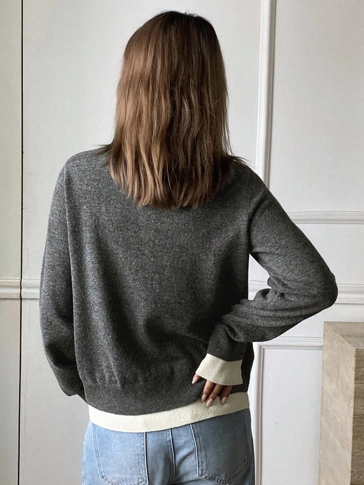 Color Block Patchwork Knit Cardigan, Versatile Round Neck Sweater Jacket For Women