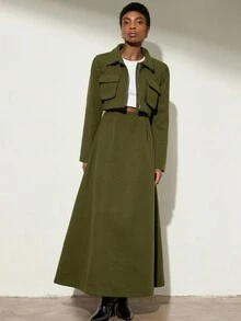 Aveloria Modichic 欧美风优雅高端翻领短款外套，配有大口袋，搭配长款百褶裙，女士两件套 - 軍綠色 - 查看 5