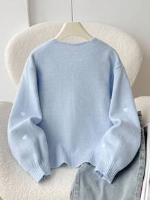SHEIN 青少年女孩宽松休闲简约舒适圆领长袖蝴蝶结波尔卡圆点开衫，返校季秋冬女装 - 藍色 - 查看 2