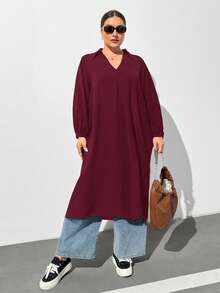 SHEIN Essnce 大码女装春夏时尚休闲宽松舒适清凉日常黑色 V 领长袖中长连衣裙、保守连衣裙、女式教堂服装、老钱风格、女式端庄服装、曲线黑色连衣裙、春季服装 - 酒紅色 - 查看 6