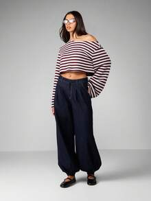 MISSGUIDED 条纹露肩短款针织毛衣长袖宽松休闲套头衫秋冬时尚罗纹舒适慵懒上衣圣诞节 - 酒紅色 - 查看 5